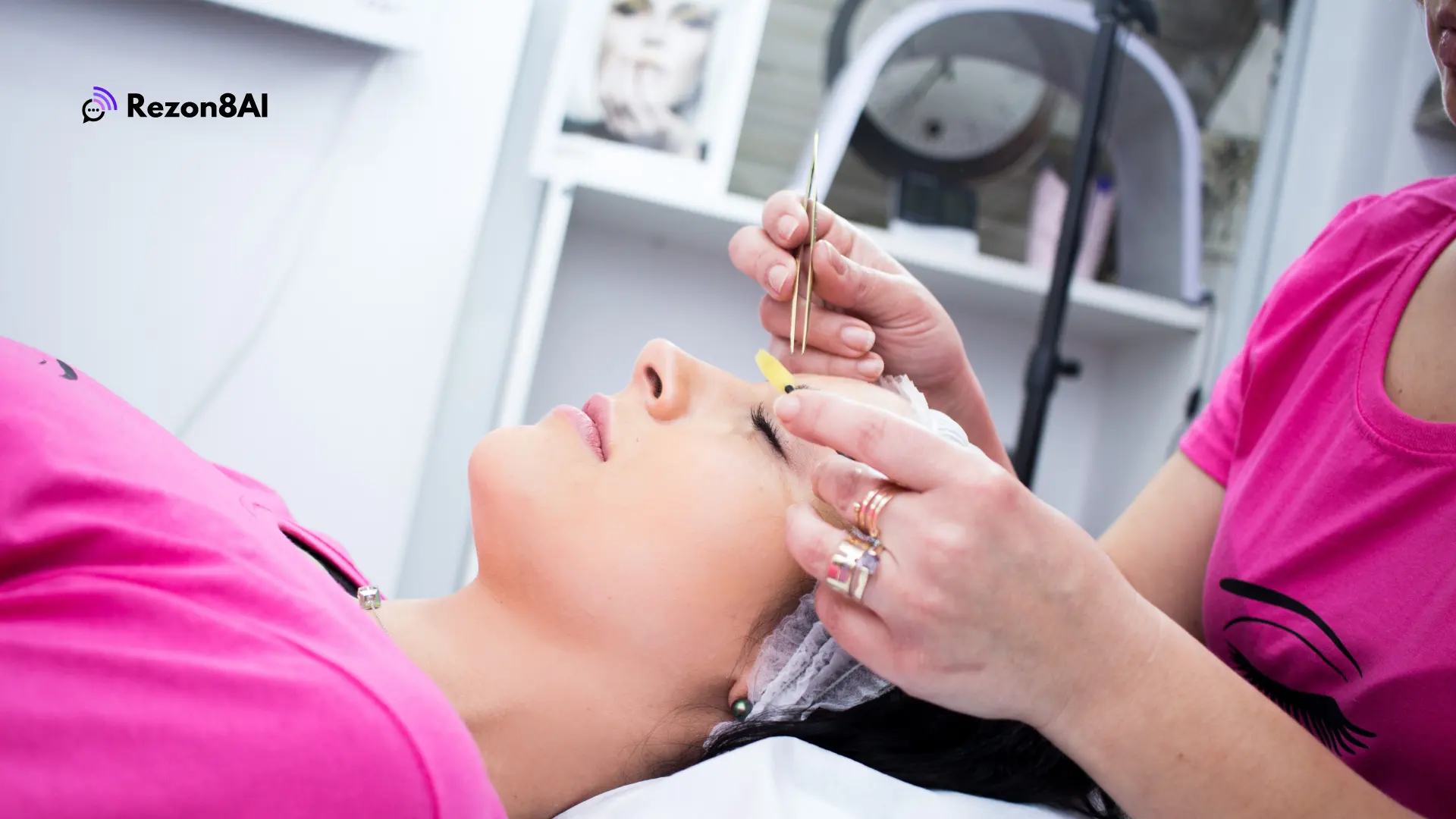 A person receiving a beauty treatment, as another person carefully tweezes their eyebrows.