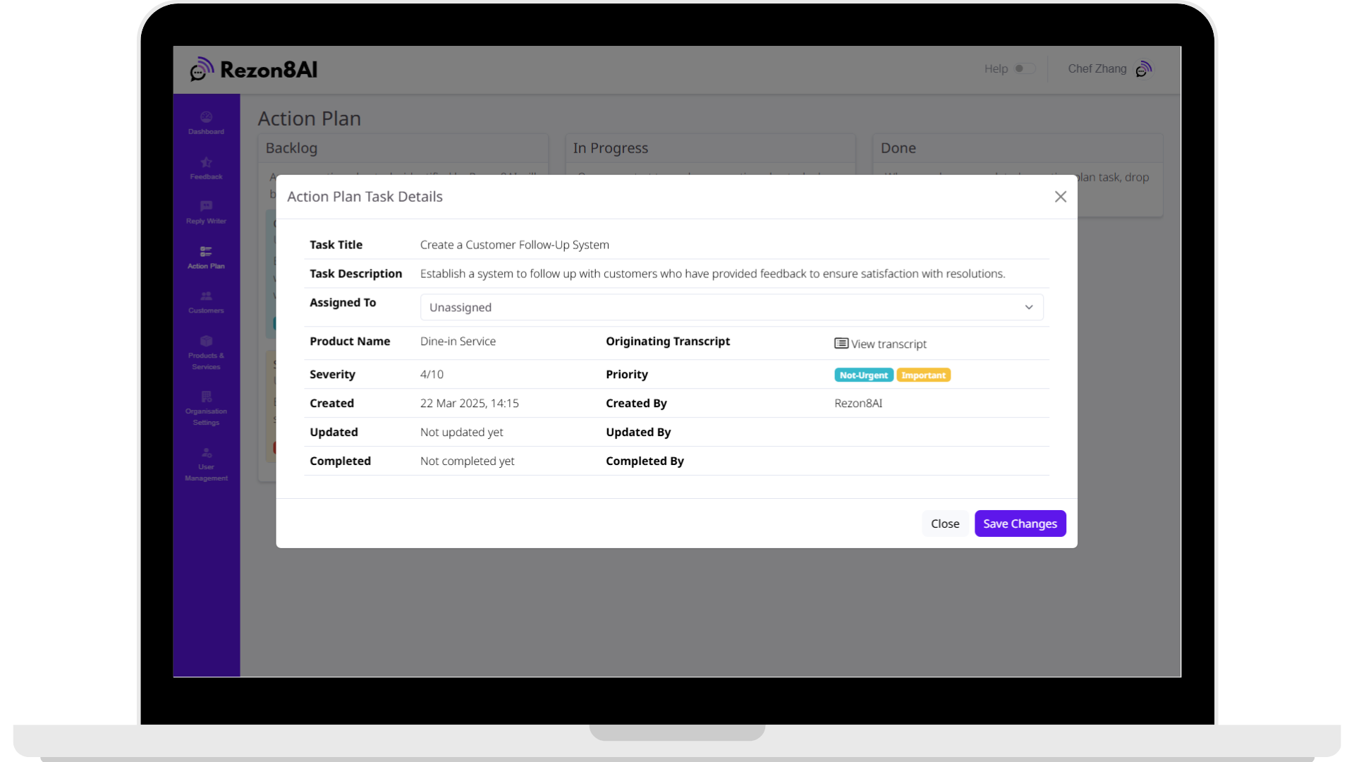 Action plan task details screenshot