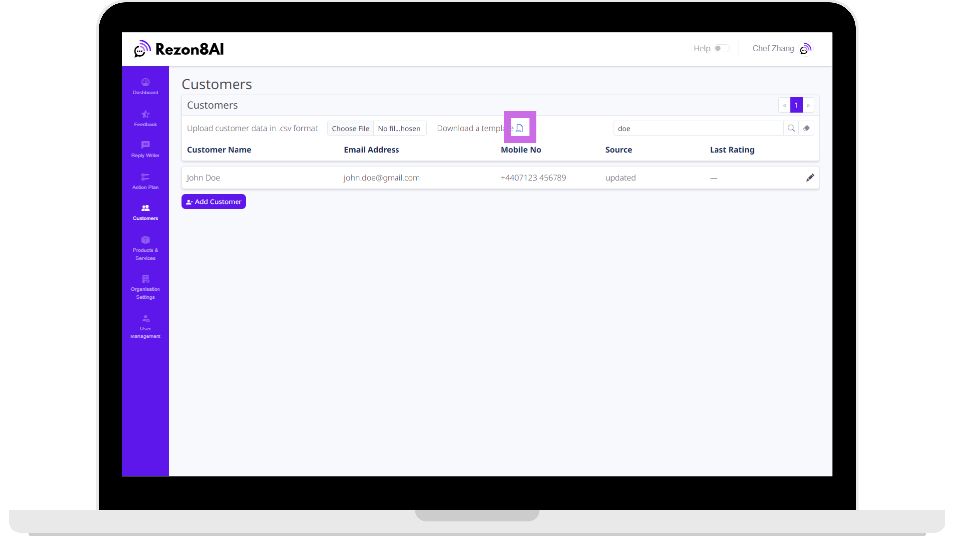 Customers list import file upload screenshot