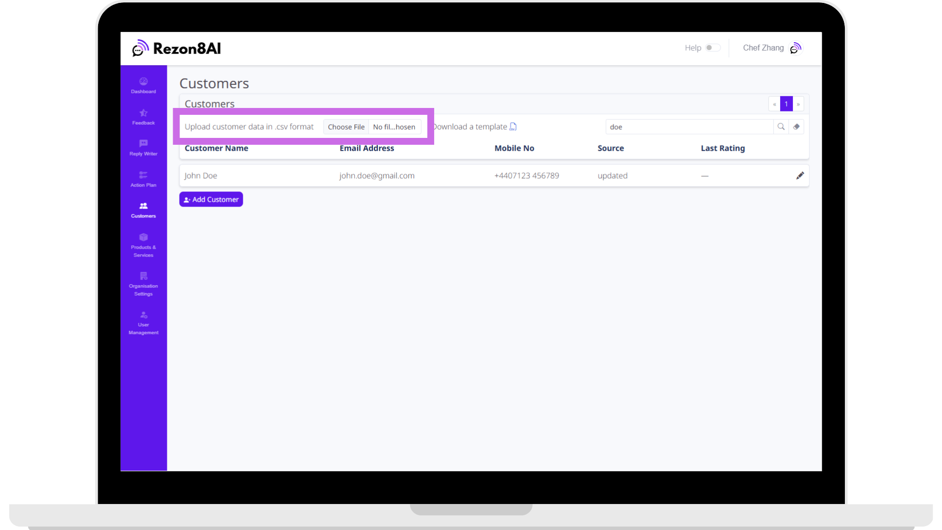 Customers list import screenshot