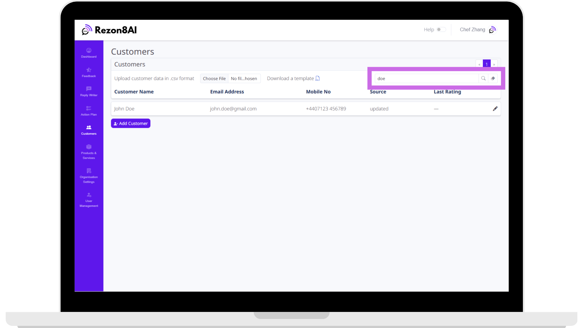 Customers list search screenshot