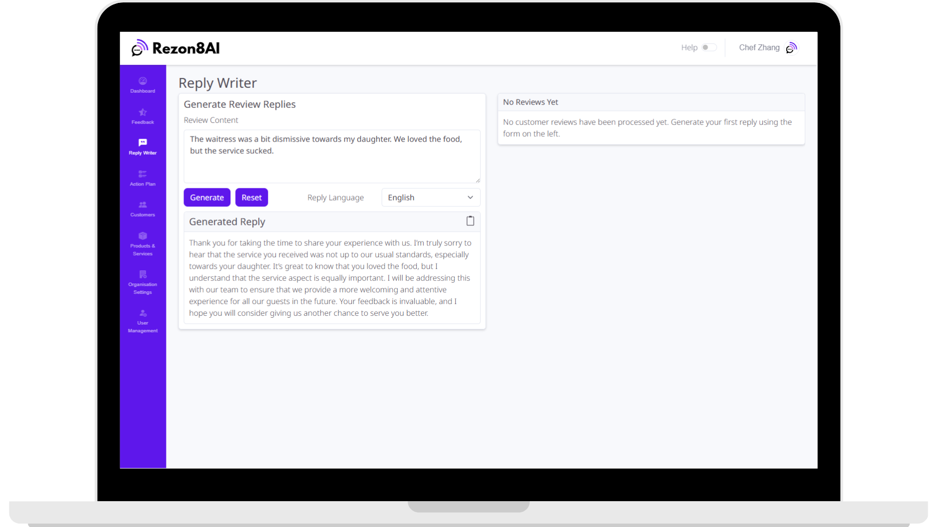 Reply Writer with review input and AI reply output screenshot